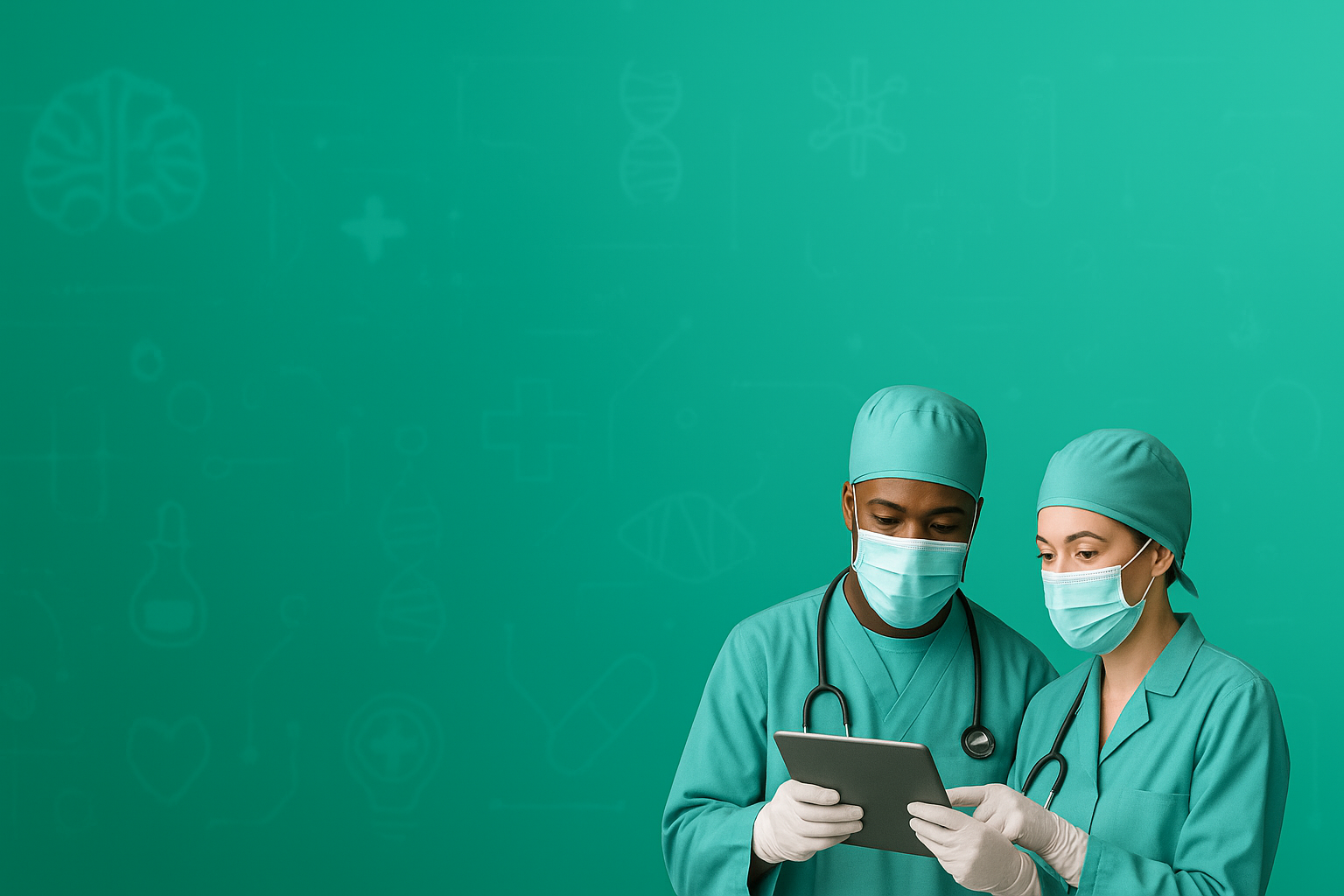 Médicos colaborando com tecnologia